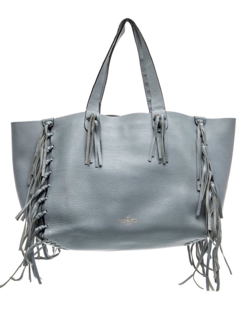 Valentino Light Blue Gray Grained Calf Leather Fringe C-Rockee Bag Tote